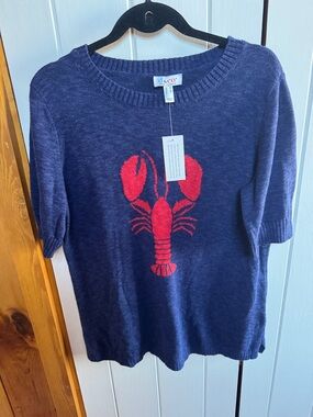 Denim&Co Navy Blue Sweater with Red Lobster Graphic : cotton